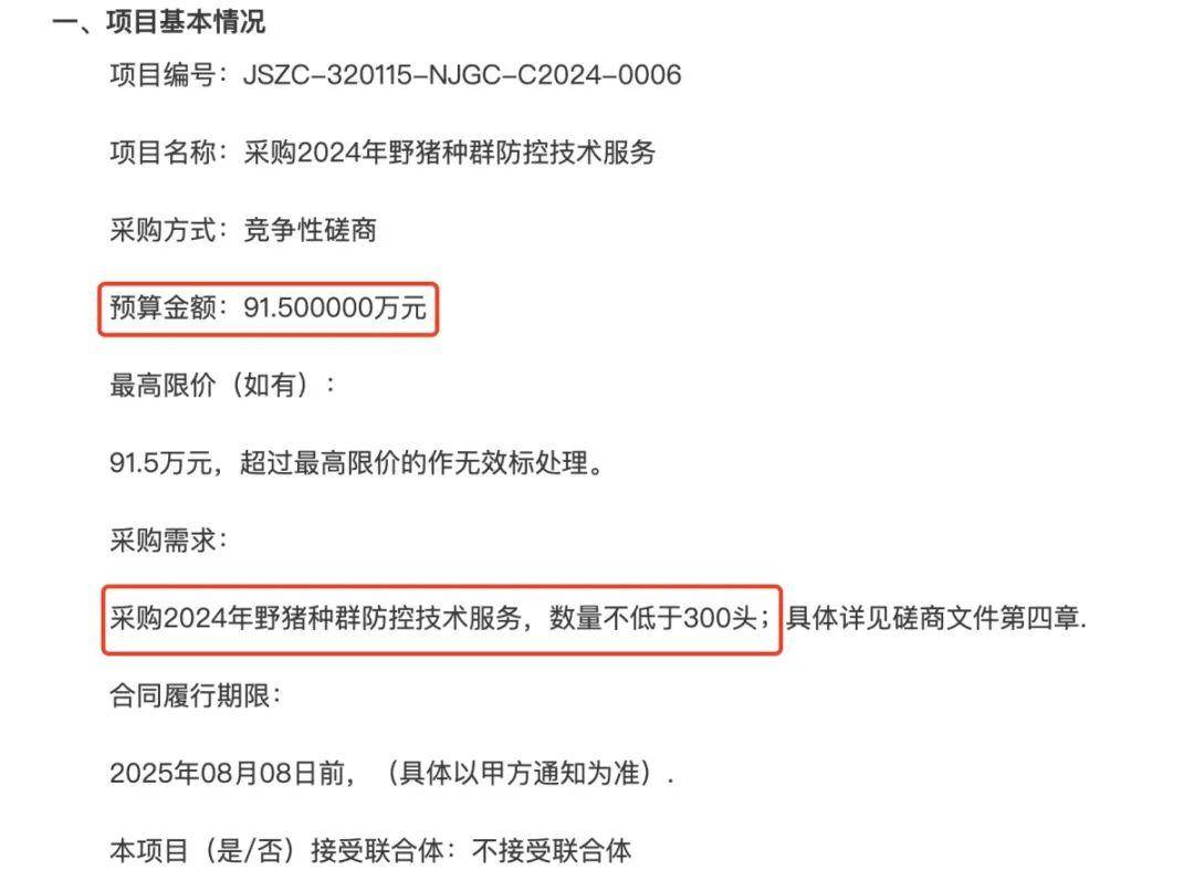 91.5萬元打300頭野豬，南京一企業(yè)中標后棄標，知情人：人手不夠放棄